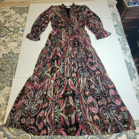 Elan Maxi Dress, Women S, Black Purple & White w/Gold Metallic, Paisley, EUC - Picture 7 of 12